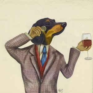 Q175# 3 pezzi di tovaglioli di carta singoli per decoupage, fazzoletti artigianali, busto di cane con vestiti in costume e bicchiere di vino rosso su beige