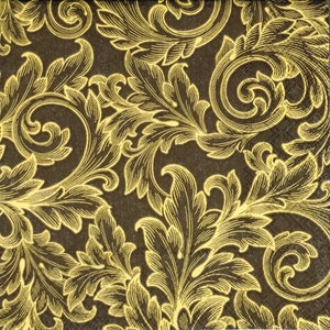 Q314# 3 pezzi di tovaglioli di carta singoli per decoupage, fazzoletti artigianali, motivo ornamentale a vortice con brina invernale nera e oro scintillante