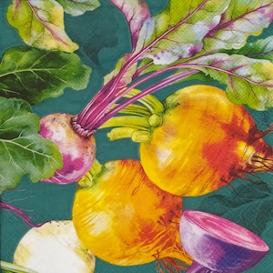 May include: A watercolor illustration of beets with vibrant colors. The image features golden and purple beets with green leaves and red stems against a teal background. One beet is sliced, revealing its deep purple interior.