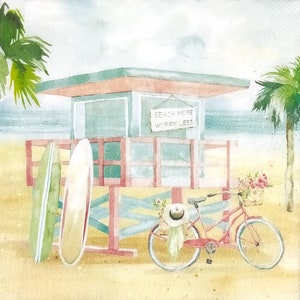 Q170# 3 pezzi di tovaglioli di carta singoli per decoupage, fazzoletti artigianali, casa sulla spiaggia con tavola da surf, bicicletta, in riva al mare con palme
