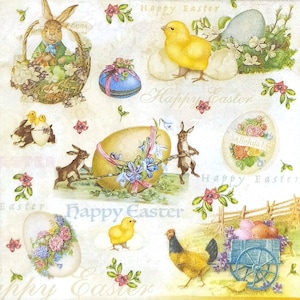 T450# 3 Pieces Of Single Paper Napkins for Decoupage, Craft Tissue, Easter Mini Picture Collage With Egg, Hare, Chicken, Hen
