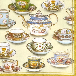 S382# 3 pezzi di PICCOLI tovaglioli di carta singoli per decoupage, tessuto artigianale formato cocktail, motivo tazza vintage dipinto