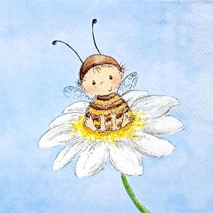 U336# 3 stuks enkele papieren servetten voor decoupage, knutselpapier, grappig bij-insect op margriet op hemelsblauwe achtergrond