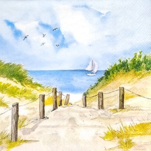 P767# 3 piezas de servilletas de papel individuales para decoupage, pañuelos artesanales, camino a través de las dunas hasta la orilla del mar con velero