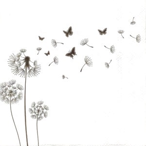 S391 # 3 petites serviettes en papier simples pour le découpage, tissu artisanal format cocktail, fleur de pissenlit noire époustouflante avec papillons