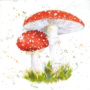 Q485# 3 Pieces Of Single Paper Napkins for Decoupage, Craft Tissue, Pair Of Red Fly Agaric Mushroom In Green Grass On White Background