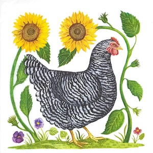 Q001# 3 piezas de servilletas de papel individuales para decoupage, pañuelos artesanales, gallina blanca y negra con flores de girasol amarillas
