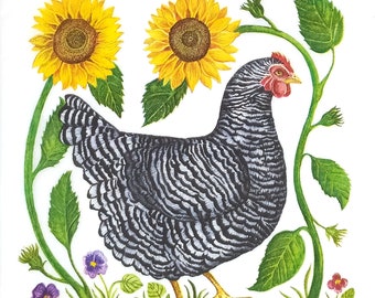Q001# 3 Pieces Of Single Paper Napkins for Decoupage, Craft Tissue, White Black Hen With Yellow Sunflower Flowers