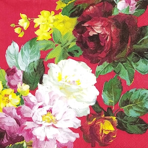 T609# 3 pezzi di tovaglioli di carta singoli per decoupage, fazzoletti artigianali, motivo floreale vintage rosa bianco bordeaux con rose da giardino su sfondo rosso