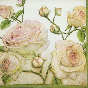 M005 # 3 Stück einzelne Papierservietten für Decoupage, Basteltücher, rosa Rosen auf cremefarbenem Hintergrund