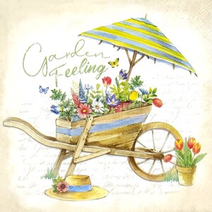 R202# 3 Pieces Of Single Paper Napkins for Decoupage, Craft Tissue Gardener Flower Cart With Umbrella, Flower Pots, Boots And Tools