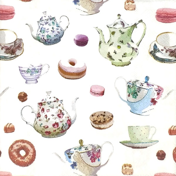 T103 # 3 serviettes en papier pour découpage, papier de soie artisanal, mini tasse de thé, théière, macaron donut sur fond blanc