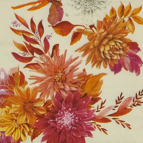 S697# 3 Pieces Of SMALL Single Paper Napkins for Decoupage Cocktail Size, Craft Tissue,  Red Orange Painted Aster Dahlia Flowers