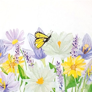 U393# 3 Stück Einzelpapierservietten für Decoupage, Basteltücher, Lila Gelbe Gänseblümchen Krokus Blumen Wiese mit Butterly