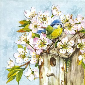 Op de afbeelding: Een blauwe vogel zit op een houten vogelhuisje met een wit dak. Het vogelhuisje is omringd door delicate witte en roze bloesems.