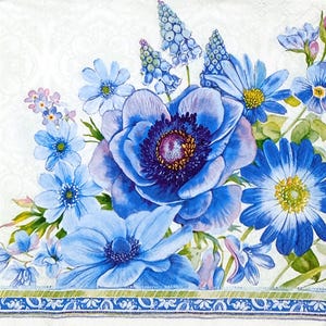 U322 # 3 serviettes en papier pour découpage, papier de soie artisanal, coin de bouquet de fleurs d'anémone, de myrtille bleue et d'anémone