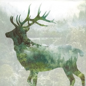 P306# 3 pezzi di tovaglioli di carta singoli per decoupage, fazzoletti artigianali, caro cervo silhouette foresta lago nella nebbia nebbia alberi verdi