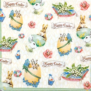 U248# 3 serviettes en papier pour découpage, papier de soie artisanal, lapin peint, œufs de Pâques, motif fleur de muguet