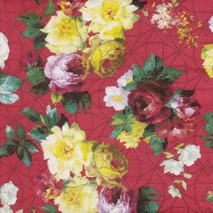 T610# 3 pezzi di tovaglioli di carta singoli per decoupage, fazzoletti artigianali, motivo vintage rosa giallo rosso rose da giardino su sfondo rosso