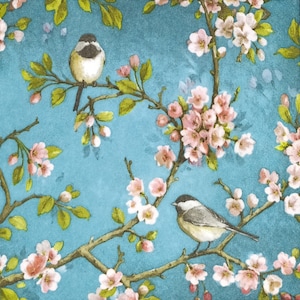 P078# 3 pezzi di tovaglioli di carta singoli per decoupage, fazzoletti artigianali, uccelli cinciallegra su sfondo blu acqua con fiori rosa