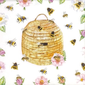 P748# 3 stuks enkele papieren servetten voor decoupage, knutselpapier, wilde bij met bloemen rond bijenkorf