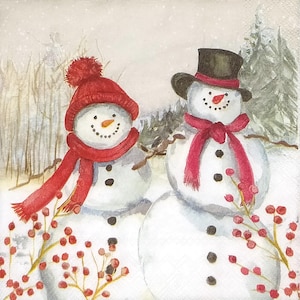 Z149# 3 pezzi di PICCOLI tovaglioli di carta singoli per decoupage, veli artigianali formato cocktail, coppia di pupazzi di neve invernali di Natale con cappelli e sciarpe