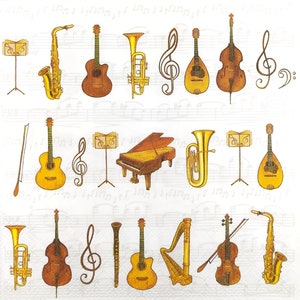 N810# 3 pezzi di tovaglioli di carta singoli per decoupage, fazzoletti artigianali, motivo strumenti musicali