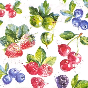 T858 # 3 Stück einzelne Papierservietten für Decoupage, Bastelgewebe, Rot Blau Erdbeere Blaubeere, Himbeere, Stachelbeere, Kirsche Muster