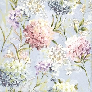 P781# 3 serviettes en papier pour découpage, papier de soie artisanal, fleurs d'hortensias roses blanches sur fond bleu pâle