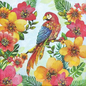 M947# 3 stuks enkele papieren servetten voor decoupage, knutselpapier, papegaai met roodoranje exotische junglebloemen op hemelsblauwe achtergrond