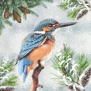 P399# 3 pezzi di tovaglioli di carta singoli per decoupage, fazzoletti artigianali, uccello martin pescatore colorato su rami di pino ghiacciati in inverno