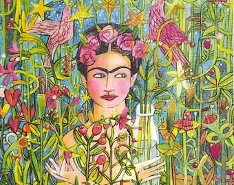 Q465# 3 Pieces Of Single Paper Napkins for Decoupage, Craft Tissue, Lady Woman Frida Portrait With Jungle Flowers And Birds
