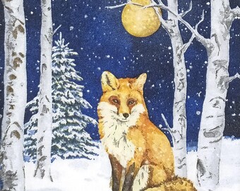 May include: A watercolour painting of a fox in a snowy forest at night. The fox has orange fur and is sitting in the snow. The background features birch trees, a pine tree, a full moon, and a dark blue sky with falling snow.