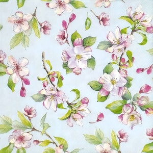 T575 # 3 stuks enkele papieren servetten voor decoupage, knutselpapier, roze witte kersenbloesem bloemen takjes patroon op hemelsblauw