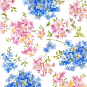 T416 n° 3 serviettes en papier pour découpage, papier de soie artisanal, motif fleurs d'hortensia bleu et rose sur fond blanc