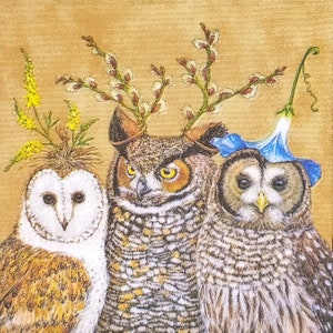 S424 # 3 petites serviettes en papier simples pour fonction de découpage, format cocktail, mouchoir en papier artisanal, oiseaux gris hibou avec chapeaux de fleurs sur beige