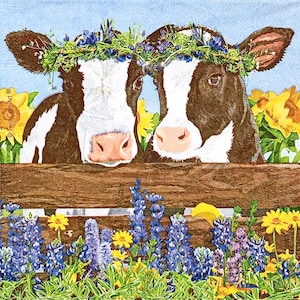 U367# 3 Pieces Of Single Paper Napkins for Decoupage, Craft Tissue, Pair Of Brown White Cow Calf With Flower Wreath Near Fence