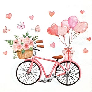 U295# 3 pedaços de guardanapos de papel individuais para decoupage, tecido artesanal rosa para bicicleta com cesta de flores e presente com balões de coração rosa