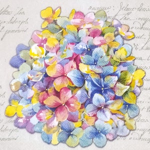 S316# 3 pezzi di tovaglioli di carta singoli PICCOLI per decoupage formato cocktail, tessuto artigianale, fiori di ortensia blu rosa viola gialli su sfondo bianco
