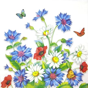 M343# 3 pezzi di tovaglioli di carta singoli per decoupage, fazzoletti artigianali, papaveri rossi, margherite bianche e fiordalisi blu prato con farfalla