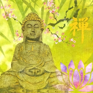 Q213 # 3 Stück einzelne Papierservietten für Decoupage, Bastelpapier, Indien Buddha Statue Auf Rosa Blumen Im Grünen Dschungel Hintergrund