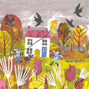 U080# 3 pezzi di tovaglioli di carta singoli per decoupage, fazzoletti artigianali, casa bianca autunnale e persone che giocano con aquilone e cane