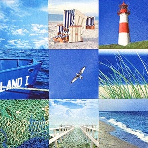 U259 # 3 Stück Einzel Papierservietten für Decoupage, Basteltücher, Blau Mini Foto Bilder Leuchtturm, Boot, Möwe, Brücke, Himmel Wolken