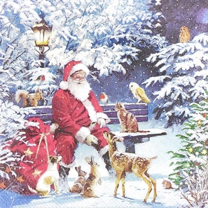 S149# 3 Pieces Of SMALL Single Paper Napkins for Decoupage, Craft Tissue Cocktail Size, Christmas Santa Claus On Fence With Wild Animals