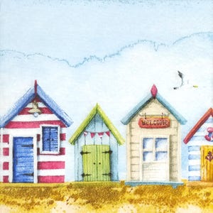 T757# 3 pezzi di tovaglioli di carta singoli per decoupage, fazzoletti artigianali, modello casa sulla spiaggia in riva al mare, fila di capanne con gabbiano