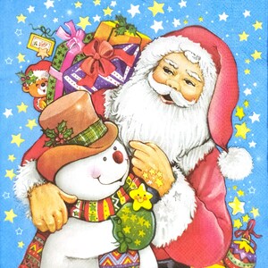 R992# 3 Pieces Of Single Paper Napkins for Decoupage, Craft Tissue, Santa Claus Giving Christmas Gift For Snowman And Hug