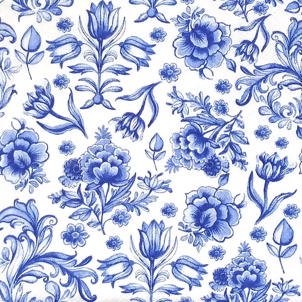 S914# 3 Pieces Of SMALL Single Paper Napkins for Decoupage, Craft Tissue, Blue White Flowers Delft Pattern