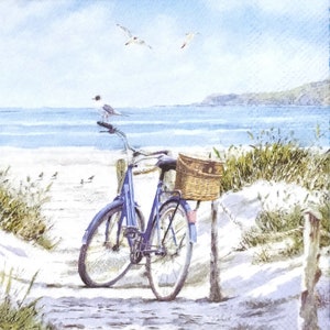 R095# 3 piezas de servilletas de papel individuales para decoupage, bicicleta en la playa en dunas arenosas con césped cerca del camino y paisaje marino