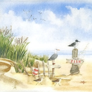 Q970# 3 pezzi di tovaglioli di carta singoli per decoupage, fazzoletti artigianali, gabbiano su cartello di pesce fresco su spiaggia con dune di sabbia ed erba