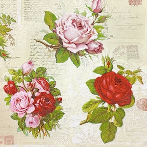 M943# 3 servilletas de papel individuales para decoupage, papel de seda artesanal, diseño de ramos vintage de rosas rojas y rosadas sobre collage de letras color crema